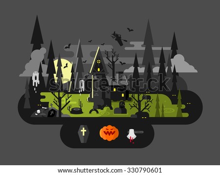 Halloween house at night. Horror monster, ax and witch, flat vector illustration
