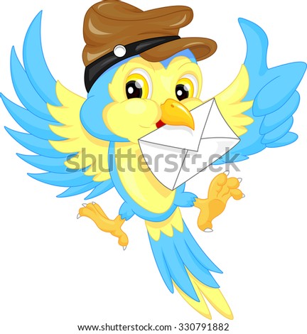 Cute bird wearing a hat, carrying a letter