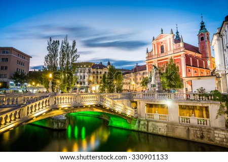 Ljubljana Landmark - Tromostovje in the city center, Slovenia Royalty-Free Stock Photo #330901133