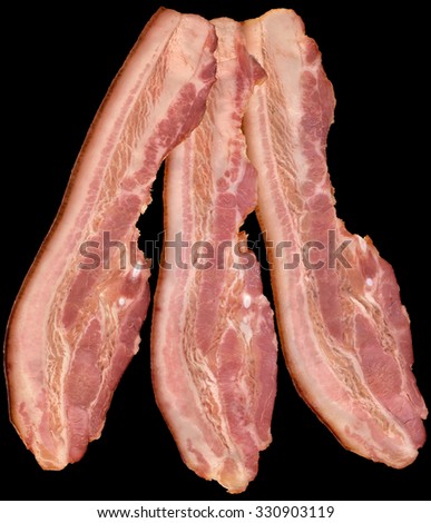 Three Pork Bacon Rashers Isolated On Black Background