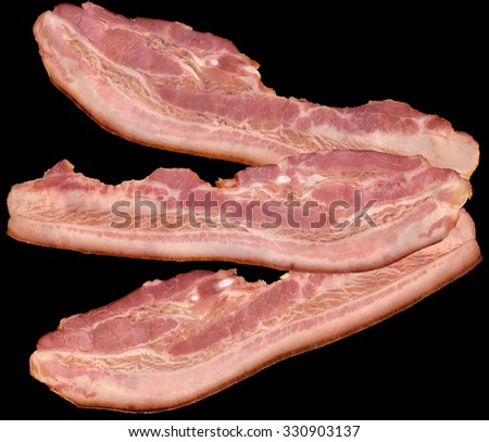 Three Pork Belly Bacon Rashers Isolated On Black Background