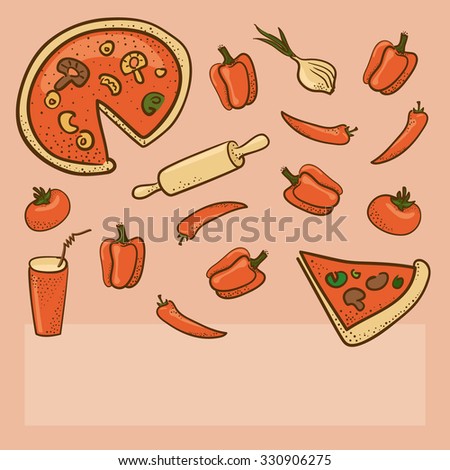 Background with pizza ingredients and text place colorful vector illustration