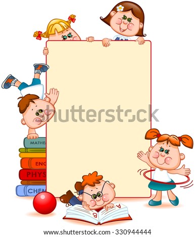 Frame with school children and school supplies. Space for text. Vector illustration