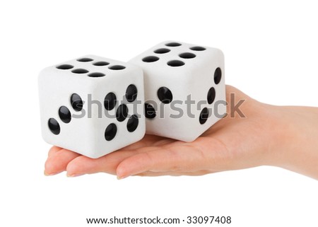 Two dices in hand isolated on white background
