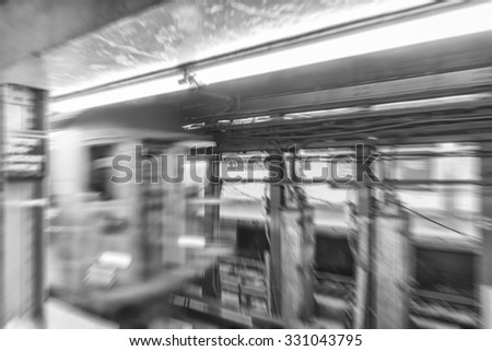 Fast moving subway train in New York subway.