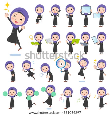 A set of arab women with digital equipment such as smartphones.
There are actions that express emotions.
It's vector art so it's easy to edit.