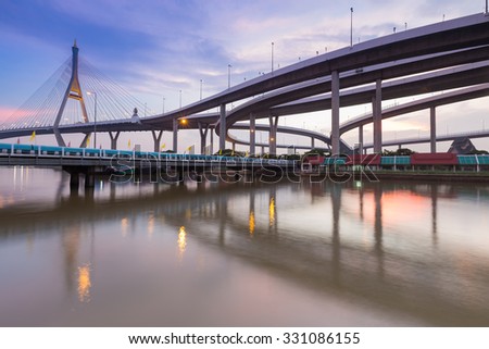 Twilight of Suspension bridge connect to Bangkok freeway overpass, Thailand