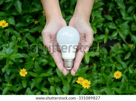 LED Bulb on hand with nature background