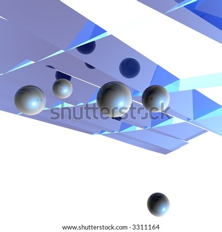 Blue tinted geometric shapes for a background or possible website layout with image mapping on the spheres. with one sphere falling from the bunch.