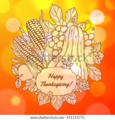 Thanksgiving Day greeting card with handdrawn berries, vegetables and fruits with bokeh background