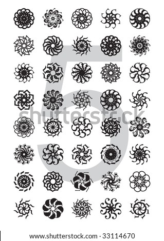 decorative design element series (flowers, stars, suns), created by rotation of the digit 5, using various typefaces; vector illustration - scalable and editable.