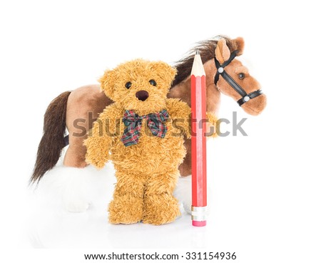 Teddy bear with red pencil and horses on white background