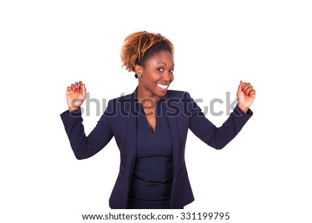African American business woman celebrating, isolated on white background