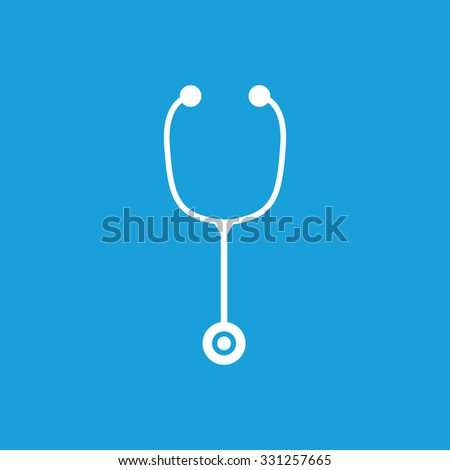 Stethoscope icon, white simple image of straight hanging stethoscope isolated on blue background