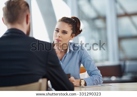 Job interview recruiter listen to candidate Royalty-Free Stock Photo #331290323