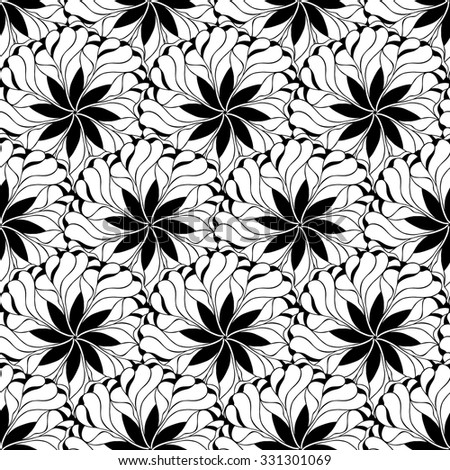 Creative hand-drawn abstract seamless pattern of stylized flowers in black and white colors. Vector illustration. Royalty-Free Stock Photo #331301069