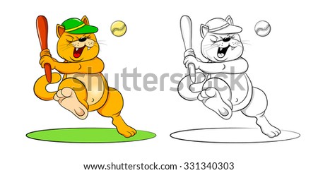 Funny cartoon cat baseball bat hit the ball. Vector colored illustration and coloring book.
