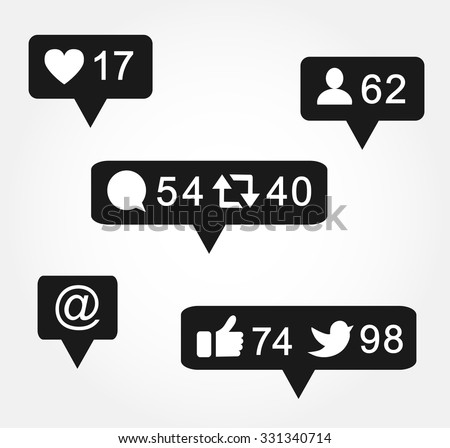 Black bubble notification icon set for following websites,blog, interfaces facebook twitter instagram. Vector illustration social media eps 10