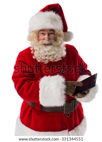 Santa Claus using tablet computer Closeup Portrait. Isolated on White Background