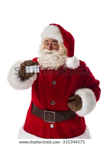 Santa Claus holding business card Closeup Portrait. Isolated on White Background