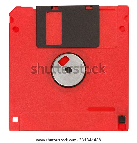 Old red floppy disk isolated on white background