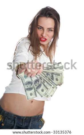 The girl with the money on a white background