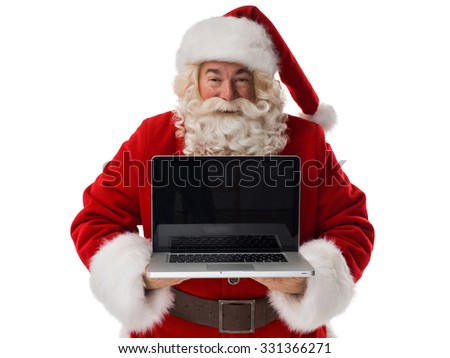 Santa Claus holding laptop Closeup Portrait. Isolated on White Background