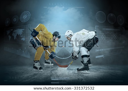 Ice hockey player on the ice around modern light