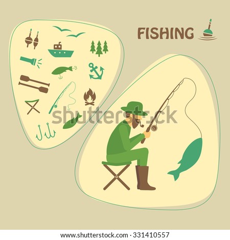 fishing vector illustration, fisherman with rod and fish