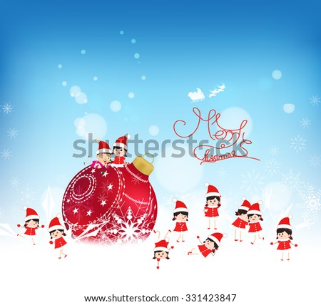 Christmas background with red bauble, kids snow and snowflakes