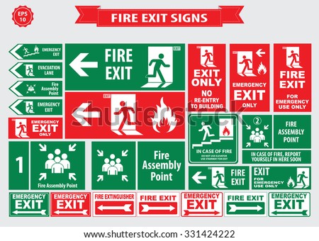 Set of emergency exit Sign (fire exit, emergency exit, fire assembly point, evacuation lane, Fire Extinguisher, For Emergency use only, no re-entry to building). Royalty-Free Stock Photo #331424222