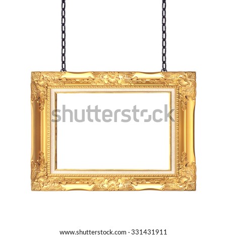 Gold frame signboard hanging a chain isolated on white background