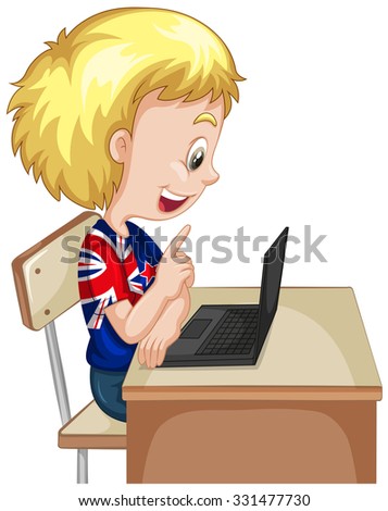 Little boy working on computer laptop illustration