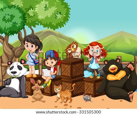 Children and wild animals outside illustration
