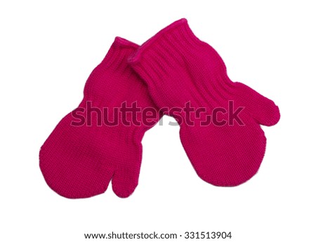 Pair of red children's knitted mittens. Isolate on white.