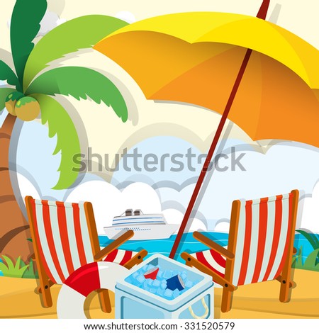 Beach scene with chairs and umbrella illustration
