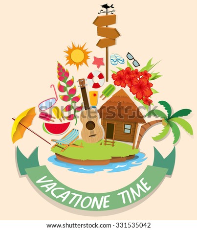 Vacation theme with cabin and beach objects illustration