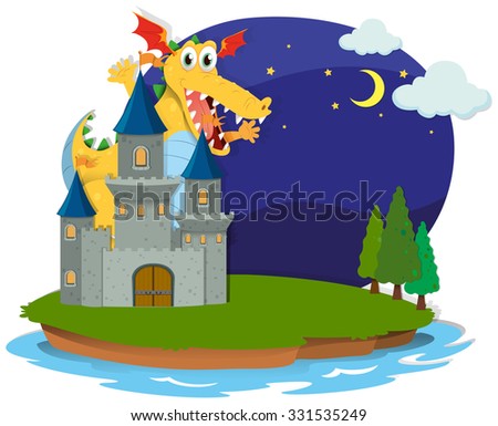 Castle and dragon on the island illustration