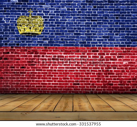  Liechtenstein flag painted on brick wall with wooden floor