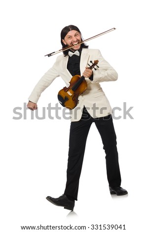 Man with violin playing on white