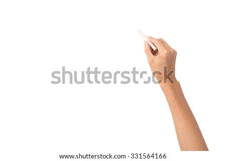 Hand holding white chalk and starting to write isolated on white background