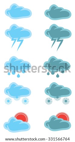 Vector illustrations of weather icons in blue and green color for cloudy, thunderstorm, raining, snowing and sunshine isolated on white background.
