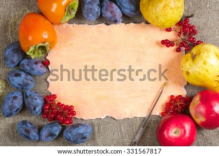 Fall fruits background.Top view.Free space for a text