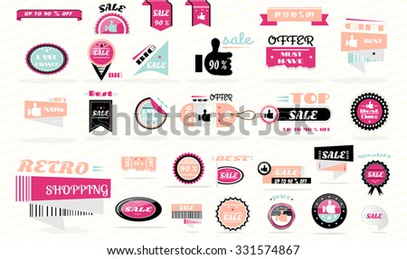 Big set, collection, group of retro, pink, black, blue, isolated sale labels, stickers, tags, badges, banners, icons on white background