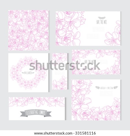 Elegant cards with decorative cherry flowers, design elements. Can be used for wedding, baby shower, mothers day, valentines day, birthday cards, invitations