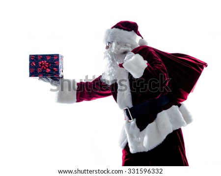 one santa claus man holding giving gifts silhouette isolated on white background