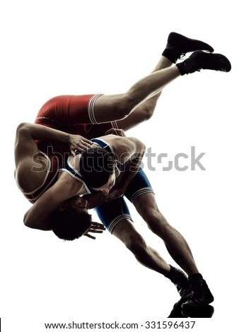two caucasian wrestlers wrestling men on isolated silhouette white background Royalty-Free Stock Photo #331596437