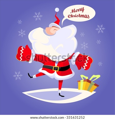 Jolly Santa Claus dancing on the snow. Creative Christmas Card
