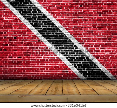 Trinidad and Tobago flag painted on brick wall with wooden floor