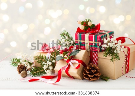Different Christmas presents with handmade decoration